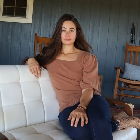 Cashmere Puff Sleeve Top Square Neck, Pink Cashmere Sweater w Silk Bow S,M,L,XL - Picture 8 of 9